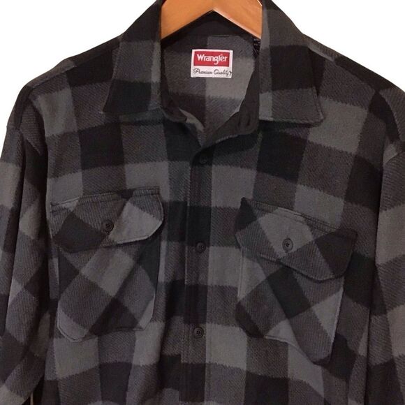 Wrangler Black Gray Plaid Fleece Button Up Shacket Shirt L - Picture 2 of 10